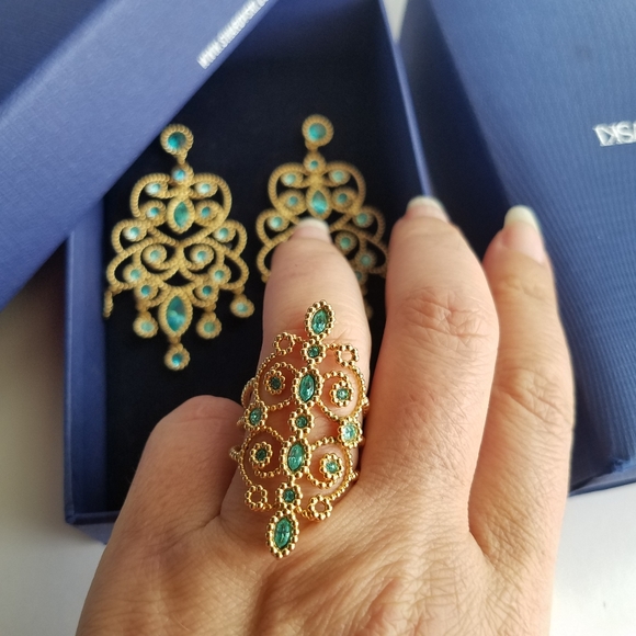 AUTHENTIC Swarovski 18k Gold Plated Azore Filigree Earrings & Ring SET - Picture 3 of 17